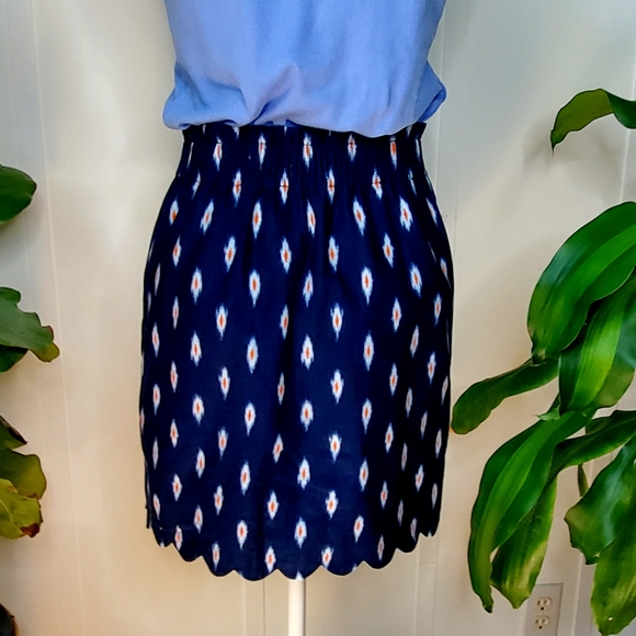 J Crew Factory Scalloped Sidewalk Skirt, Printed Navy, Linen- Cotton Blend Sz 00 - Picture 2 of 7